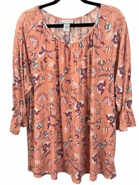 Catherines Peach Floral Lace-Shoulder Long Sleeve Top. EC. Size 1X